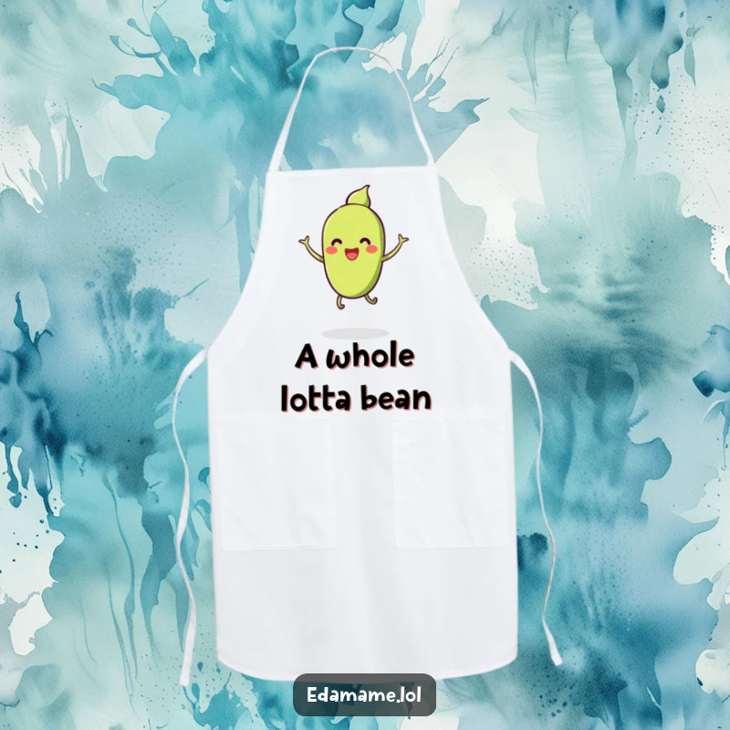 Funny apron featuring a pod of smiling edamame with tiny legs, happily jumping, bringing cheerful fun to culinary adventures.