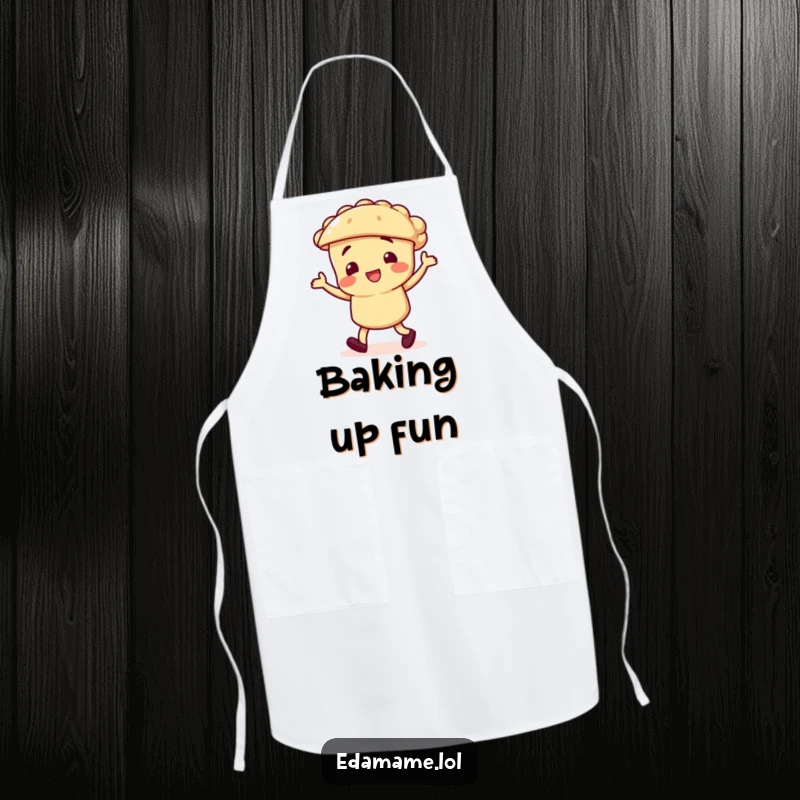 Funny apron depicting a pie character doing a jig, perfect for adding humor to cooking and kitchen dance parties.