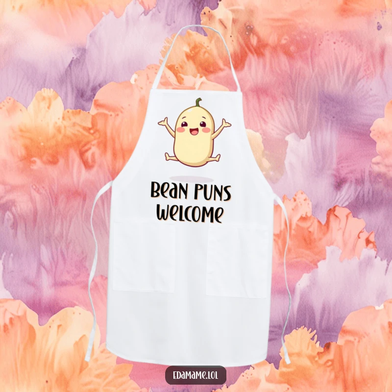 Funny apron featuring a happy edamame pod doing a cheerful split jump, perfect for keeping clothes clean with a fun vibe.