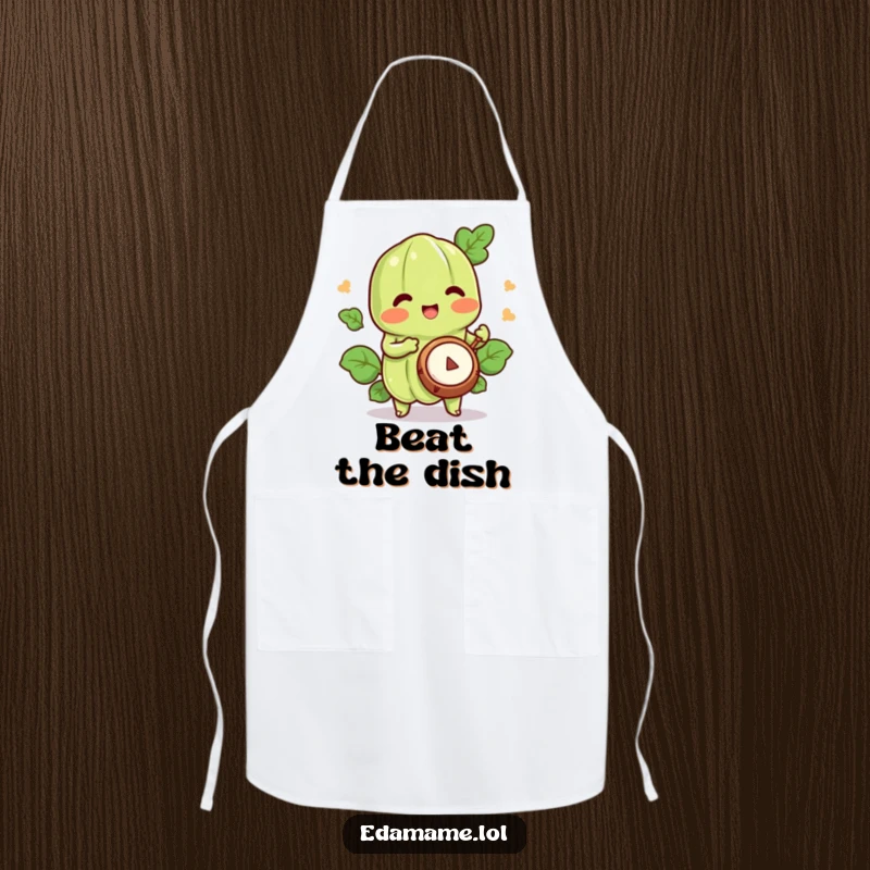 Funny edamame apron showing a happy character playing a tiny drum, perfect for musical cooking moments.