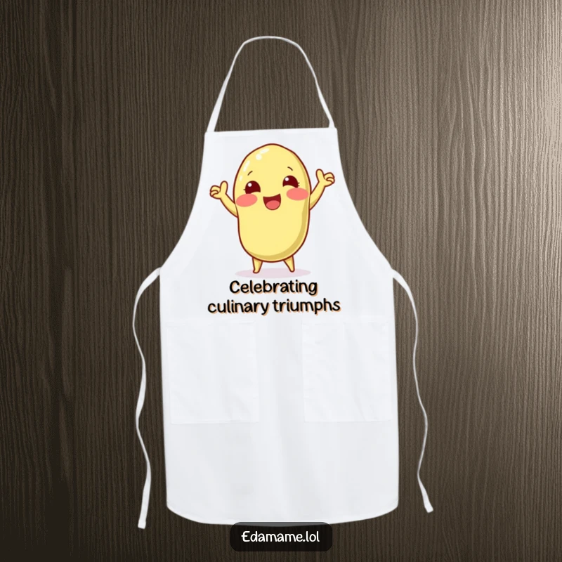 Funny kitchen apron showcasing a jubilant edamame pod character performing a victory dance, perfect for adding humor to cooking tasks.