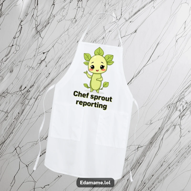 Funny apron showcasing a proud edamame sprout striking a confident pose, ideal for kitchen duty with a humorous, healthy twist.