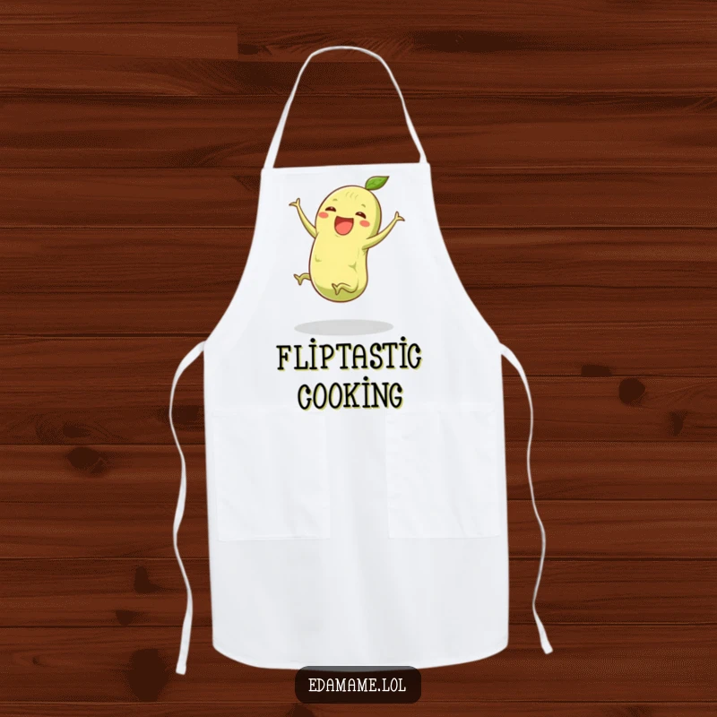 Funny edamame apron showing a green pod with small legs performing a joyful cartwheel, perfect for a humorous and practical kitchen accessory.
