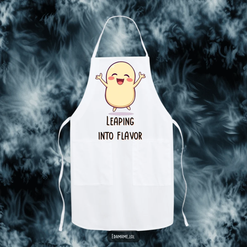 Funny Apron: A laughing bean pod jumps for joy, ready for humorous kitchen tasks.