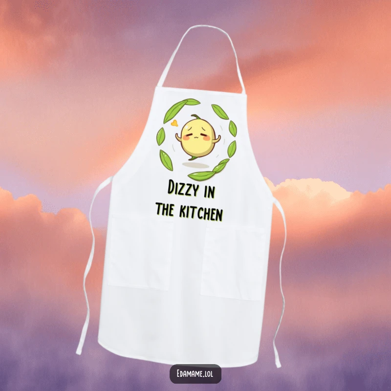 Funny apron featuring a confused anthropomorphic edamame pod spinning in circles, perfect for kitchen fun.