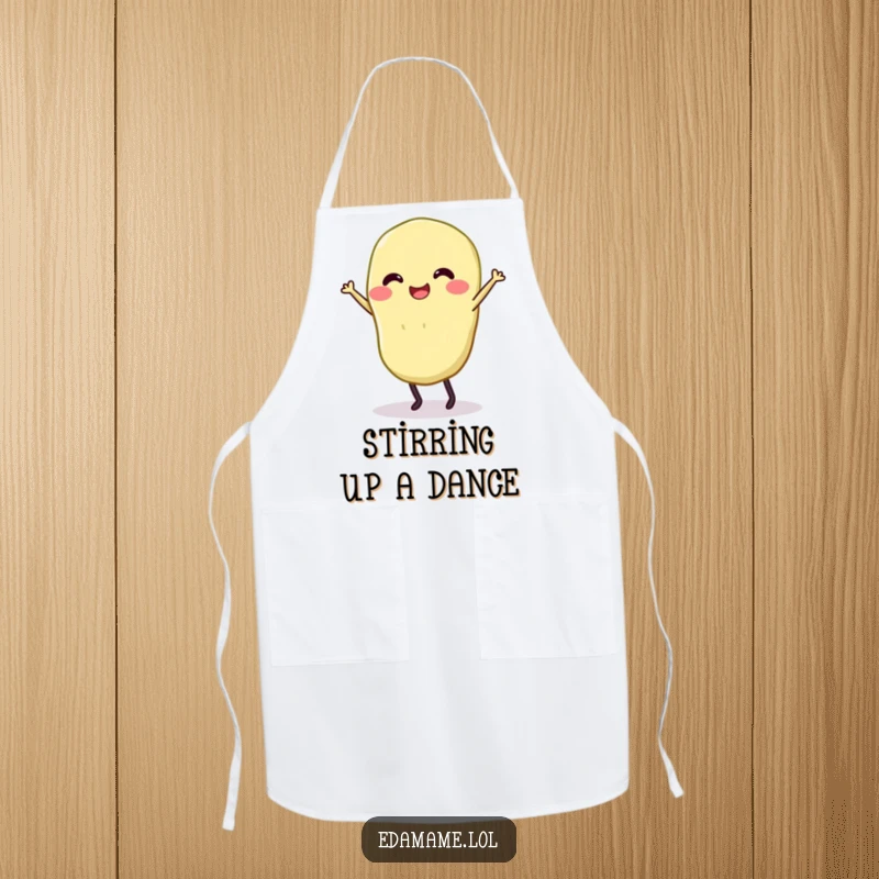 Funny apron showing a smiling edamame with legs dancing, perfect for cooking with fun.