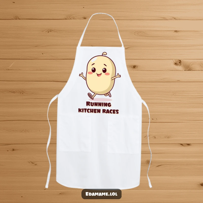 Funny apron showing a determined bean character running with a smile, ideal for kitchen duty with a humorous, motivational theme.