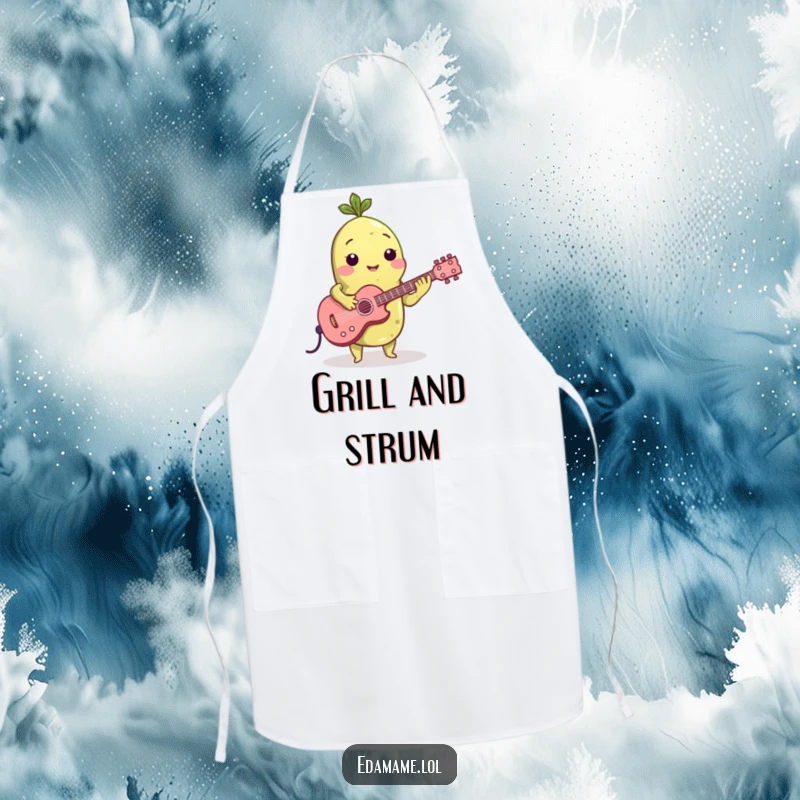 Funny apron featuring an edamame bean playing a tiny guitar, perfect for adding rhythm and protection to your kitchen sessions.