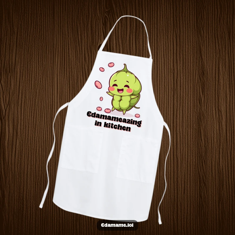 Funny edamame pod apron artfully juggling smaller beans, a practical and amusing kitchen accessory.