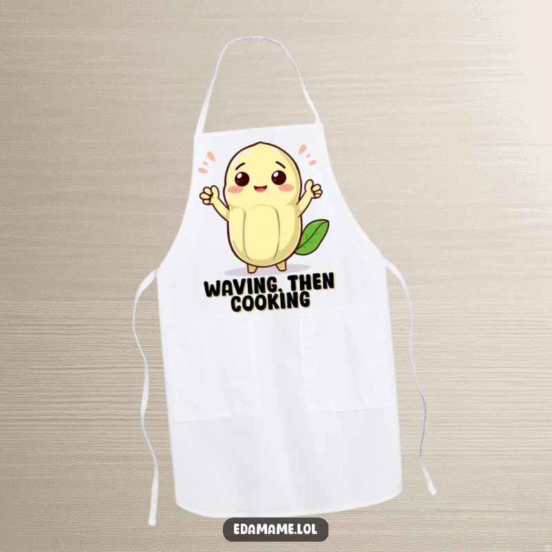 Funny cheerful edamame pod with tiny arms waving enthusiastically, on a funny apron, bringing cheerful greetings to the kitchen.