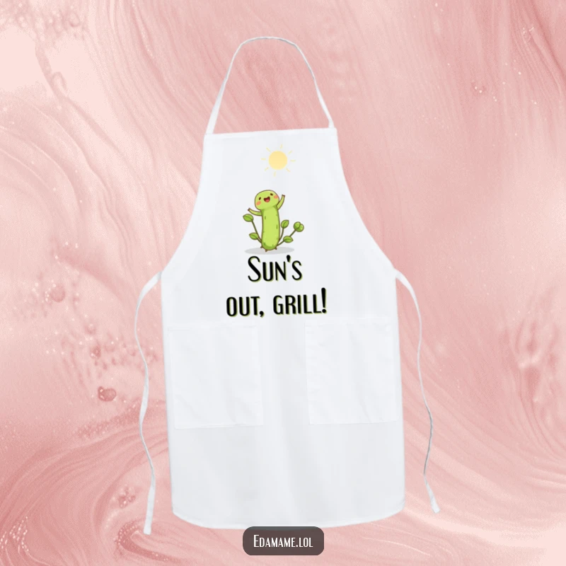 Funny edamame shoot joyfully reaching towards the bright sun on a kitchen apron. Practical and uplifting, perfect funny gift for cooks.