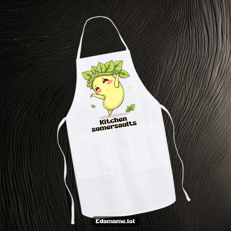 Funny apron featuring a green edamame bean with a leafy crown doing a somersault, ready to add fun to any cooking or baking session.