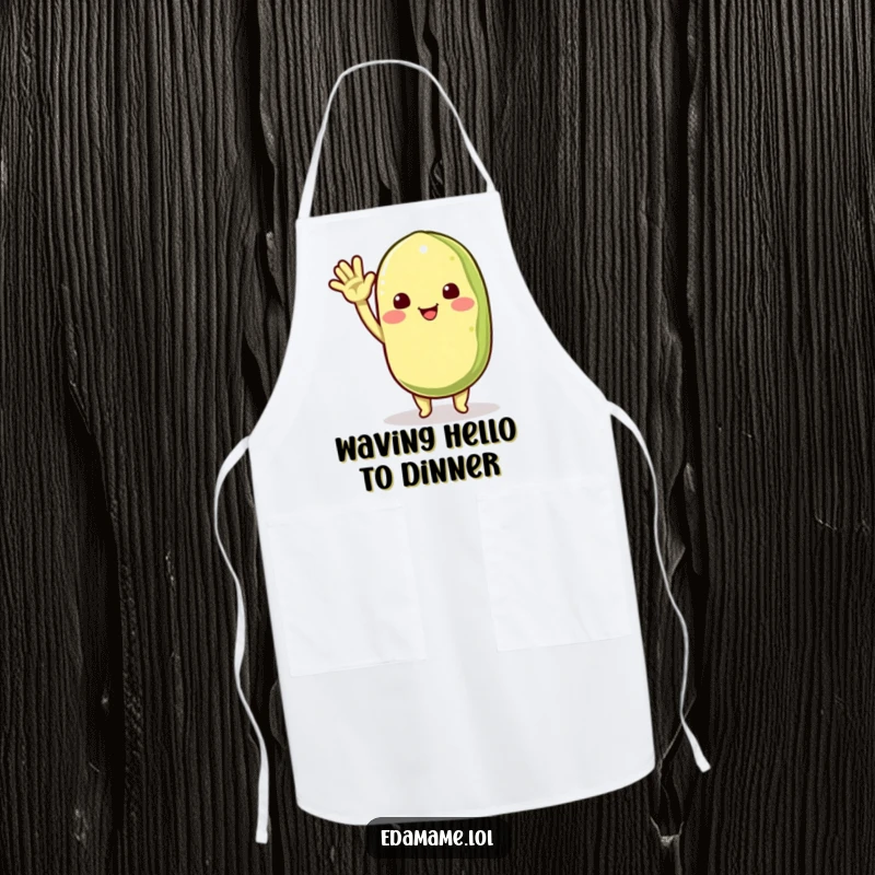 Funny kitchen apron showcasing a smiling edamame pod character waving enthusiastically, perfect for adding friendly cheer to cooking.