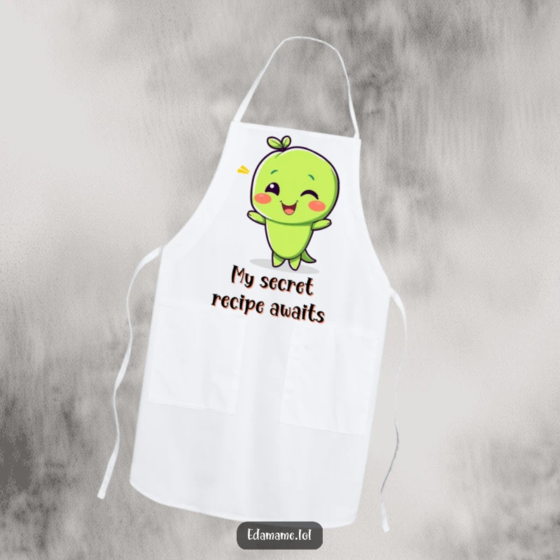 Funny kitchen apron showcasing a delighted edamame bean character giving a playful wink, perfect for adding a touch of humor to cooking.