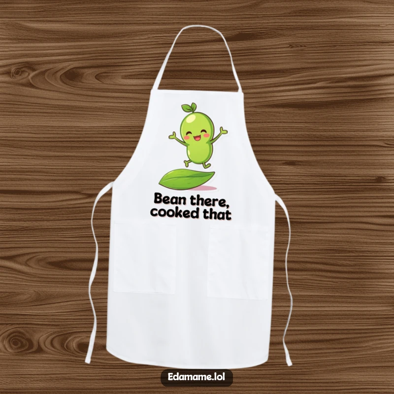 Funny green bean character happily bouncing on a leaf, printed on a functional and stylish apron.