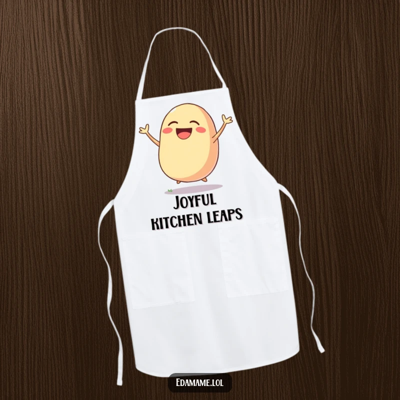 Funny apron showing a laughing bean pod jumping for joy, ideal for kitchen duty with a humorous and cheerful theme.