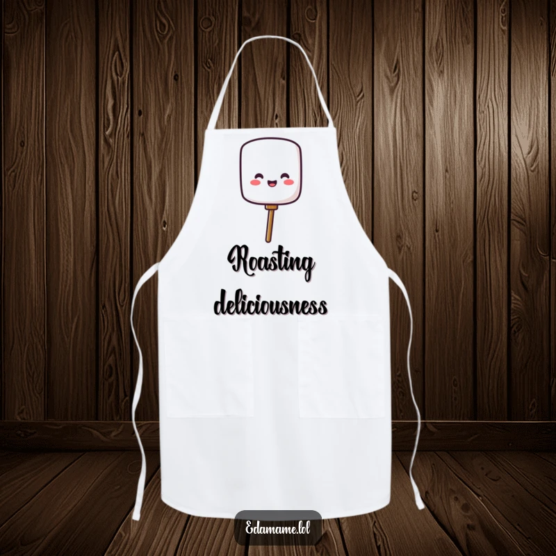 Funny apron depicting a cheerful marshmallow character ready for roasting, perfect for adding humor to cooking and campfire activities.