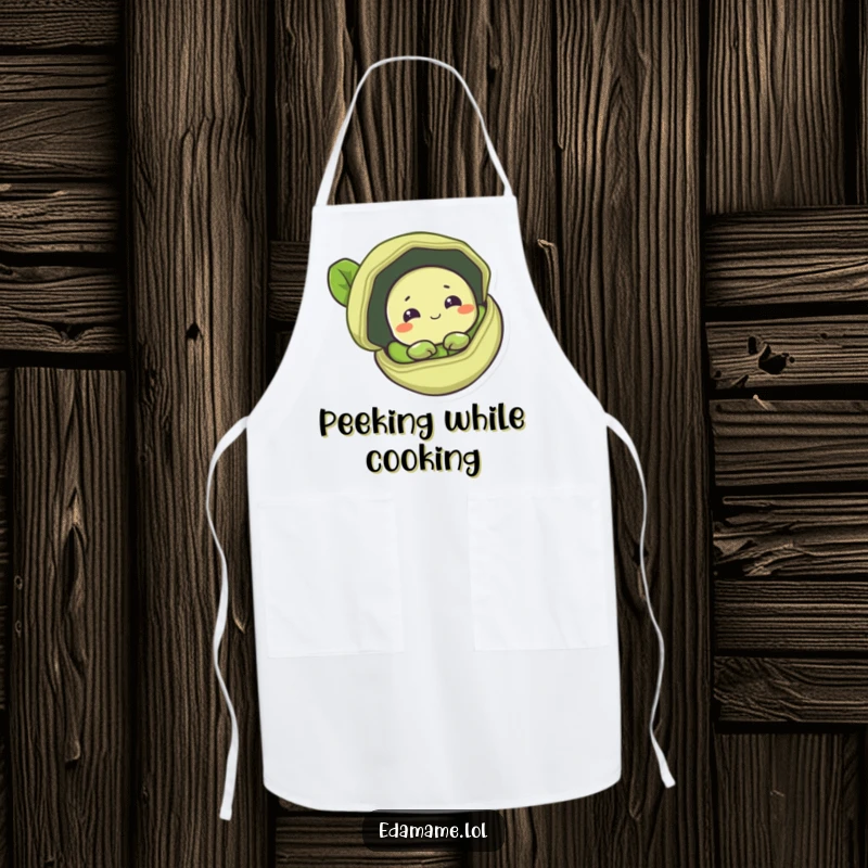 Funny apron featuring a shy edamame bean peeking from a pod, adding gentle humor to kitchen tasks.