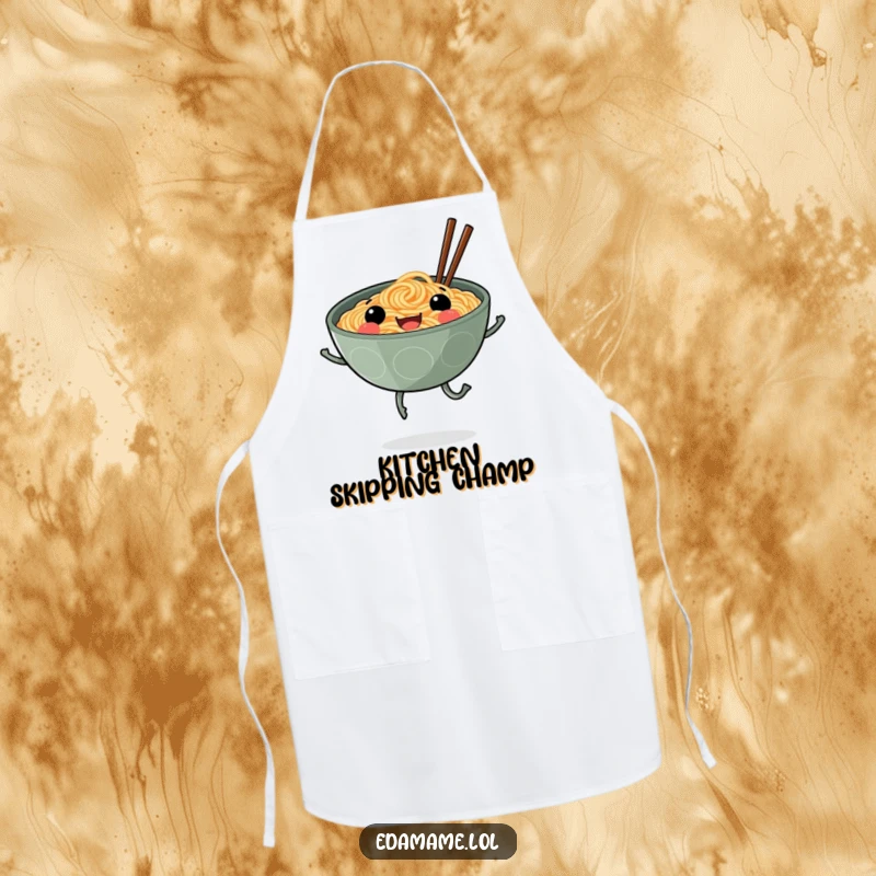 Funny apron depicting a smiling ramen bowl with legs skipping, adding a cheerful and protective element for kitchen adventures.