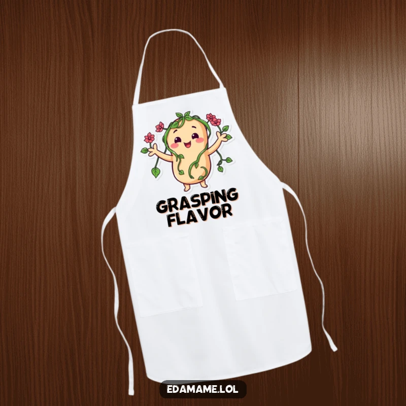 Funny apron showcasing a happy bean character with vine arms waving, adding a touch of green humor to kitchen chores.