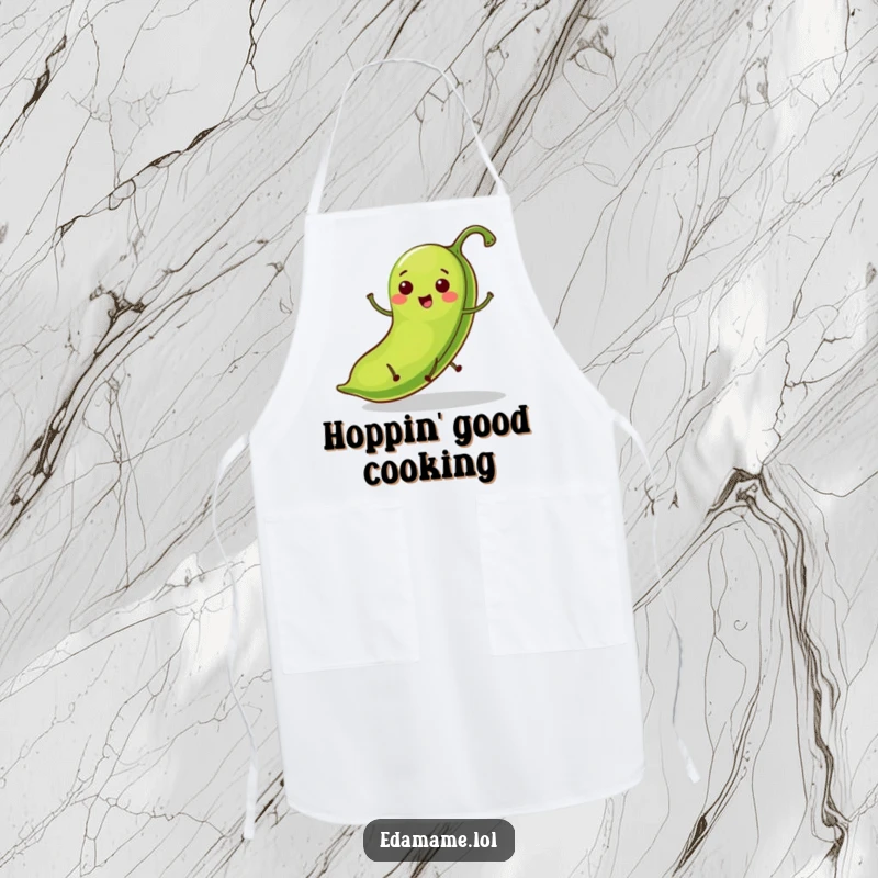 Funny apron displaying a vibrant green bean pod on tiny legs, happily hopping while someone cooks, adding humor to the kitchen.