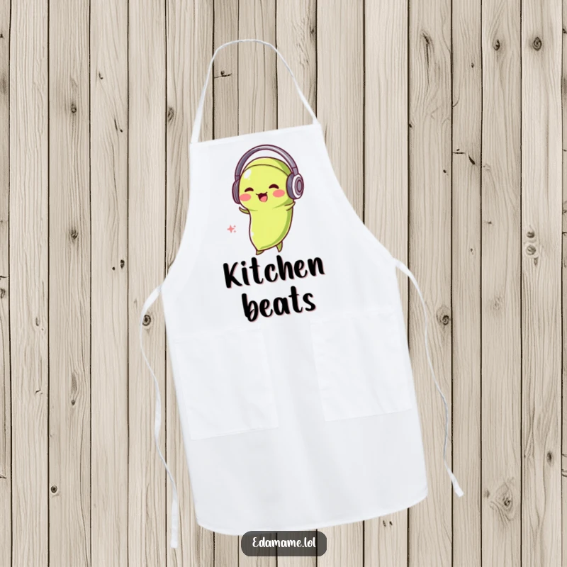 Funny Edamame DJ Apron showing a happy edamame bean with headphones, bobbing its head while cooking.