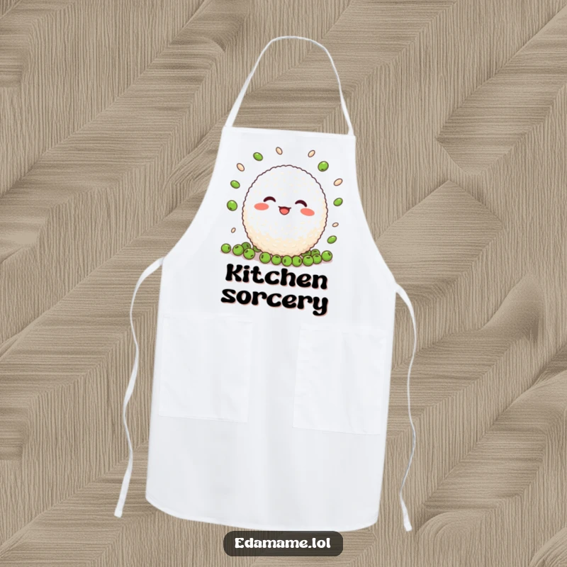 Funny Rice Ball Juggling Apron: A humorous apron featuring a cheerful rice ball expertly juggling peas, perfect for kitchen fun.