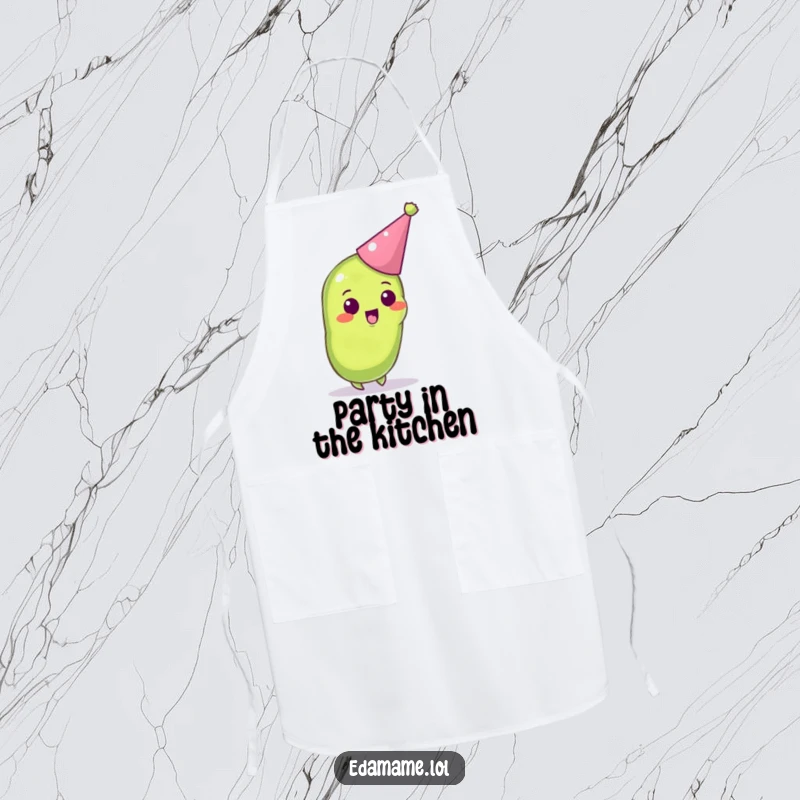 Funny apron featuring an excited anthropomorphic edamame pod wearing a party hat, perfect for festive cooking.