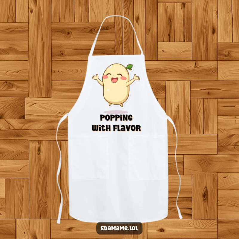 Funny apron featuring a laughing edamame pod character doing a silly jump, bringing humor to the kitchen.