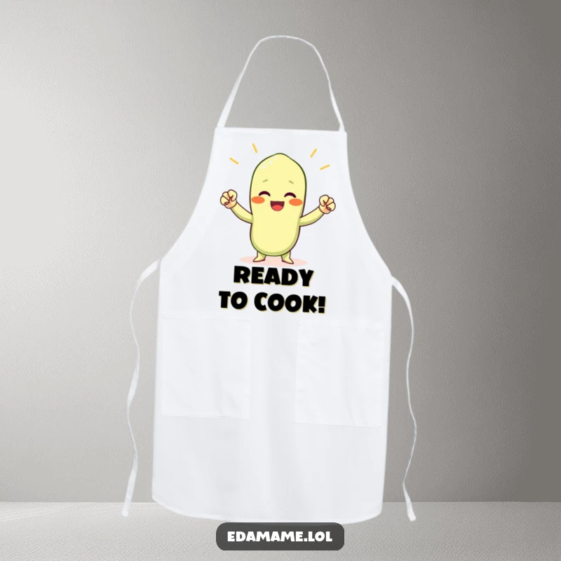 Funny cheering edamame bean apron, showing a small green bean character with tiny fists raised in a victorious kitchen cheer.