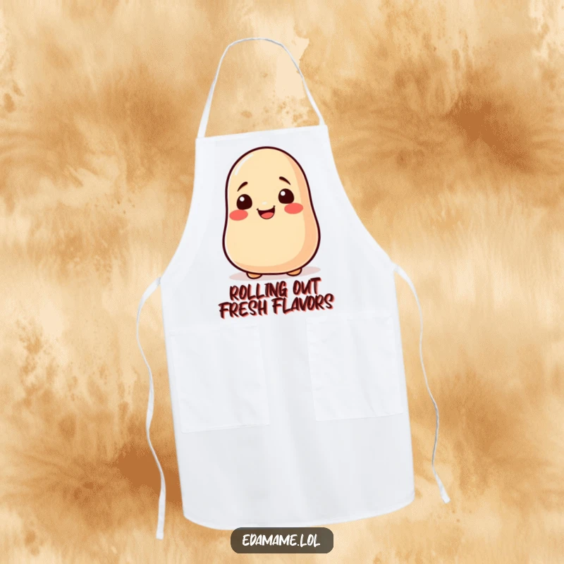 Funny soy bean rolling apron featuring a cheerful bean character, adding humor to cooking and baking tasks.