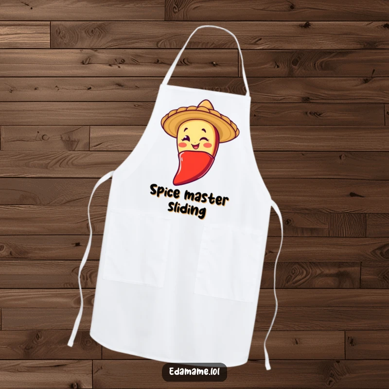 Funny apron depicting a winking taco character sliding down a chili pepper, adding a cheerful and protective element for culinary excitement.