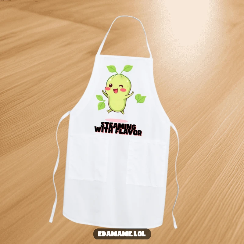 Funny apron depicting a happy edamame pod jumping, ideal for adding humor and a healthy vibe to cooking and kitchen activities.