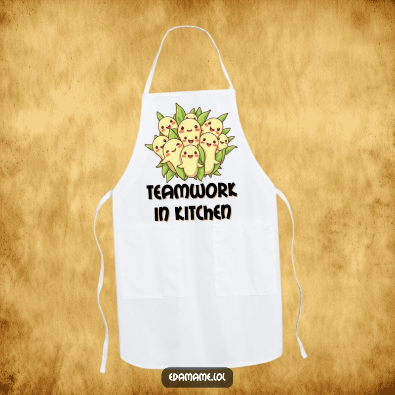 Funny apron showcasing a group of edamame beans in a cheerful huddle, perfect for communal kitchen fun.