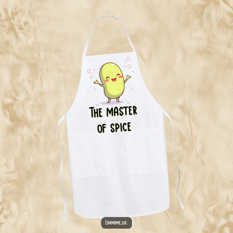 Funny kitchen apron showcasing a cheerful edamame bean juggling tiny salt crystals, perfect for adding humor and style to cooking.