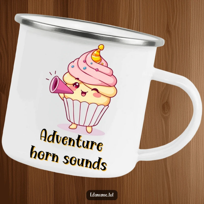 Funny Cupcake Camping Mug showing a happy character blowing a party horn, durable and great for outdoor fun.