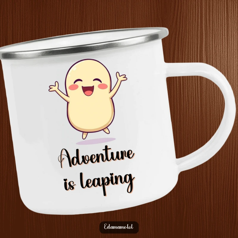 Funny Camping Mug: A laughing bean pod jumps for joy, ready for humorous outdoor enjoyment.