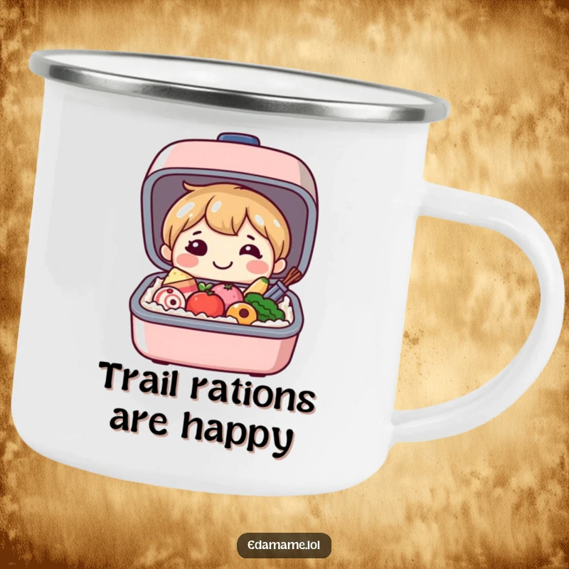 Funny camping mug with a smiling bento box character opening to reveal happy food, designed for cheerful sips during outdoor escapades.