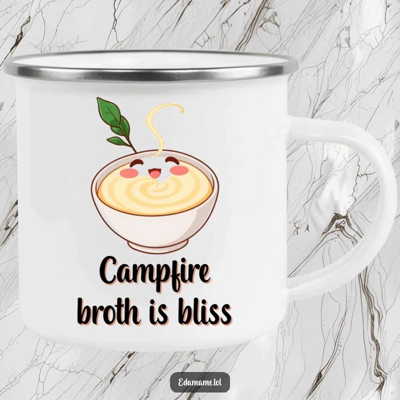 Funny camping mug with a gleeful dashi broth character swirling happily in a bowl, designed for warm sips during outdoor explorations.