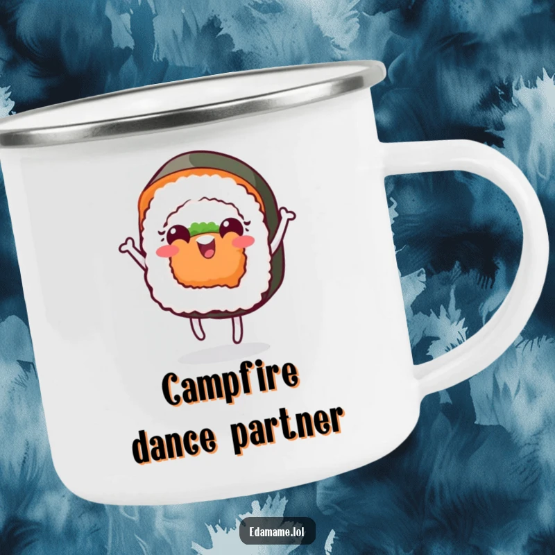 Funny camping mug with a cheerful sushi roll on a face dancing, perfect for enjoying beverages during outdoor adventures with a playful twist.