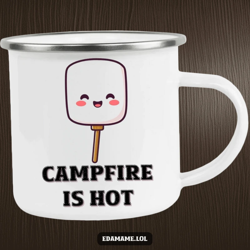 Funny camping mug showing a cheerful marshmallow character popping off a stick, designed for outdoor enjoyment and humorous, sweet themes.