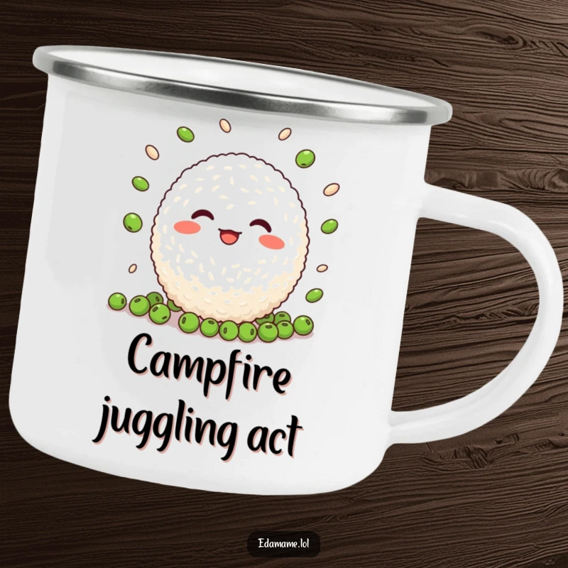 Funny Rice Ball Juggling Camping Mug: A sturdy mug featuring a cheerful rice ball skillfully juggling peas, perfect for outdoor enjoyment.