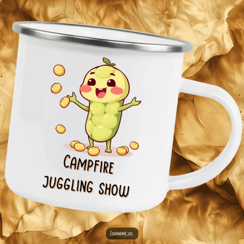 Funny camping mug featuring a happy anthropomorphic edamame pod juggling beans, ideal for outdoor enjoyment.
