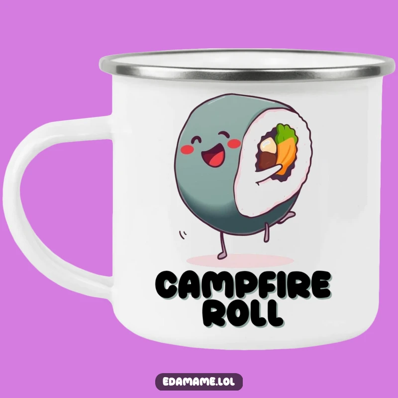 Funny Sushi Cartwheel Roll Camping Mug: Adventure Fuel with Japanese Humor Gift