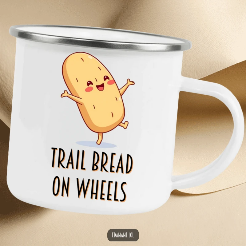 Funny Baguette Camping Mug with a crusty smile doing a cartwheel, designed for outdoor fun and humor.