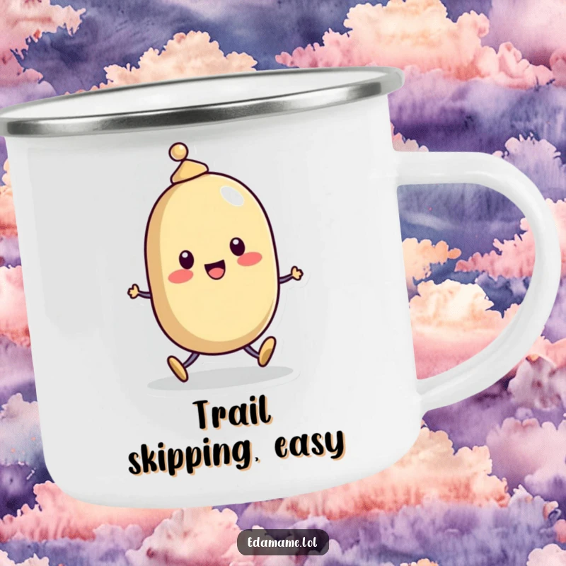 Funny Camping Mug: A cheerful bean character with a tiny hat skipping, ready for adventures with a joyful and humorous design.