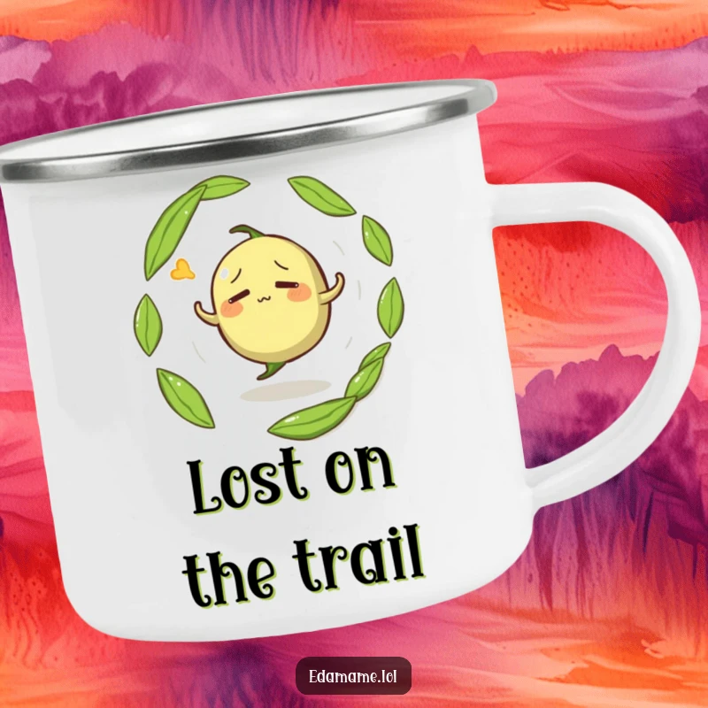 Funny camping mug featuring a confused anthropomorphic edamame pod spinning in circles, perfect for outdoor enjoyment.