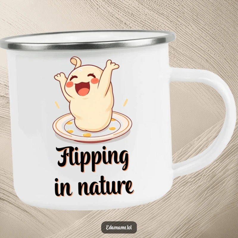 Funny Camping Mug featuring a delighted dumpling doing a somersault, ideal for enjoying tasty treats outdoors.