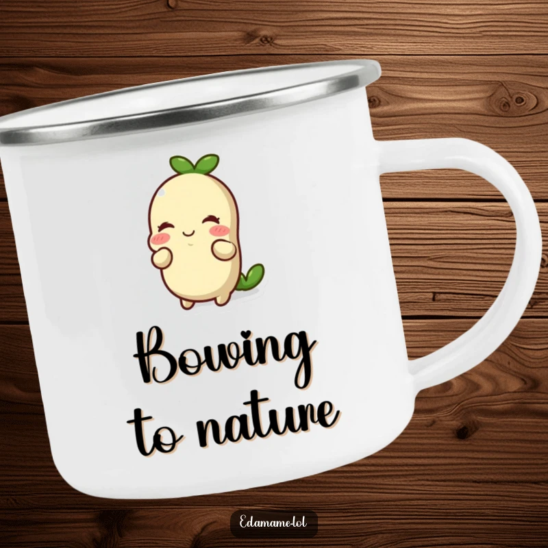 Funny smiling edamame bean doing a respectful bow on a sturdy camping mug. Great for hiking, camping, and polite drinks.