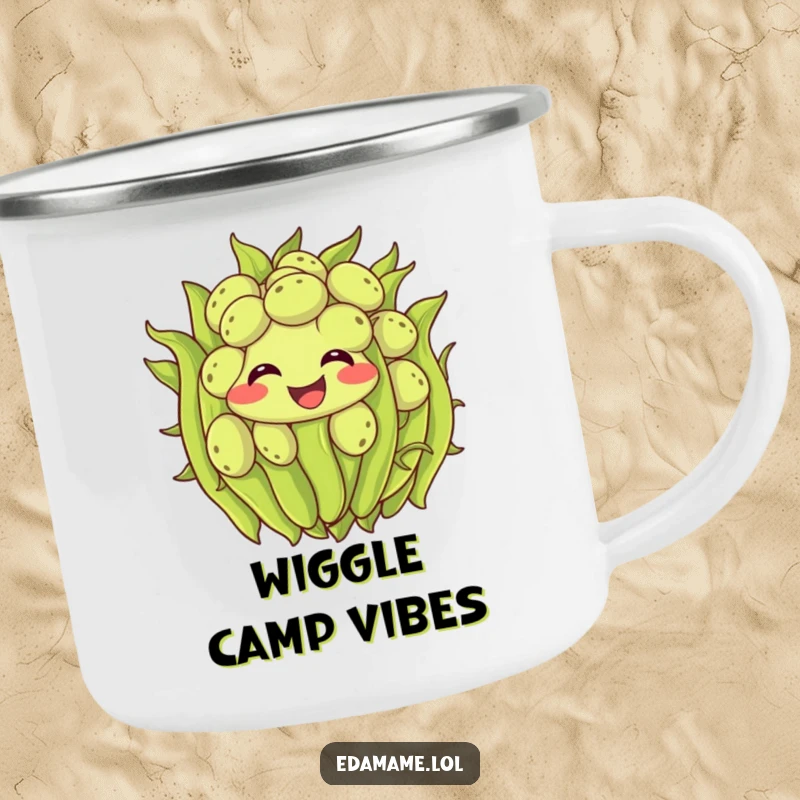 Funny edamame camping mug featuring a smiling cluster of green beans wiggling with excitement, ready for outdoor adventures and cheerful sips.